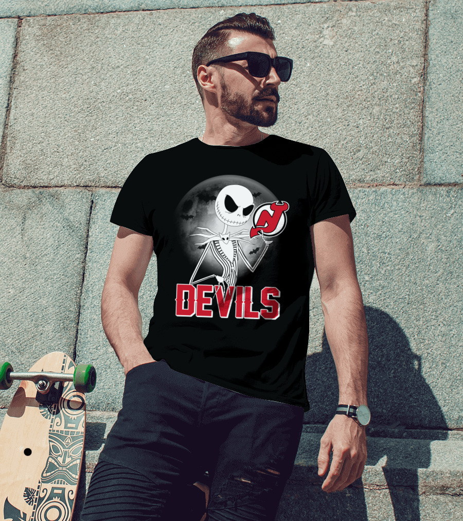 Jack Skellington Halloween Meets New Jersey Devils Moonlit Night T-Shirt