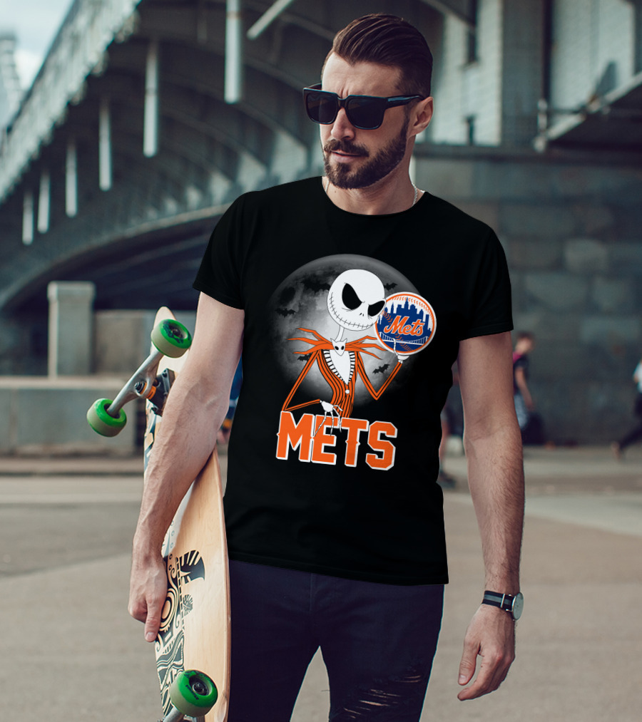 Jack Skellington Mets Baseball Halloween Moon T-Shirt