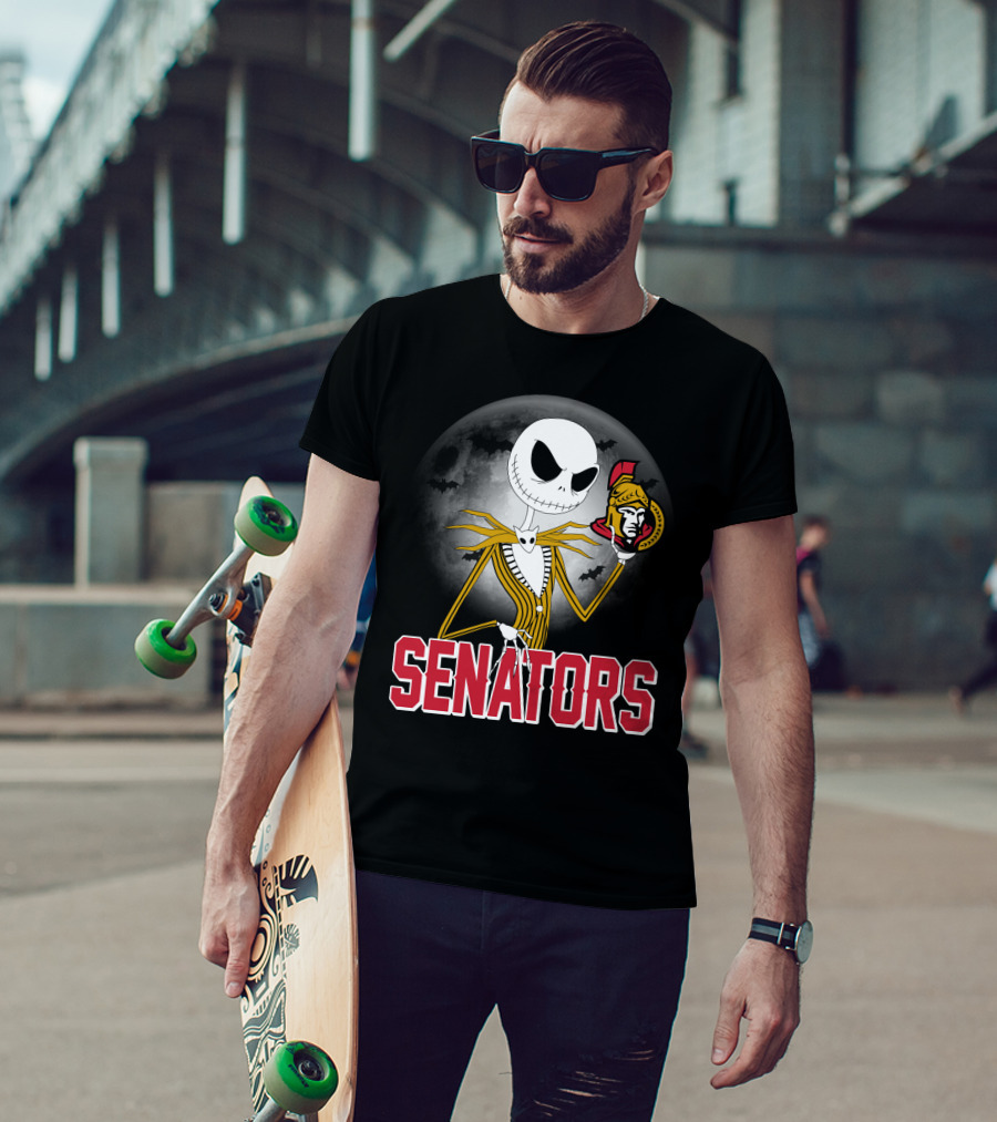 Jack Skellington Ottawa Senators Halloween Crossover With Moon And Bats Background T-Shirt