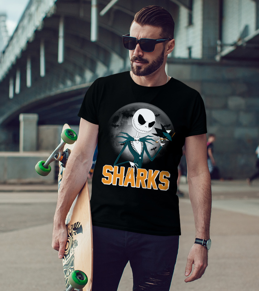 Jack Skellington San Jose Sharks Halloween Moon Background T-Shirt