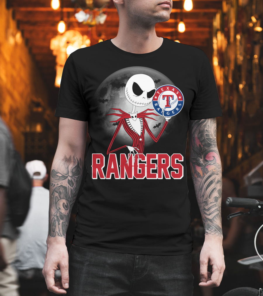 Jack Skellington Halloween Texas Rangers Baseball Moon T-Shirt