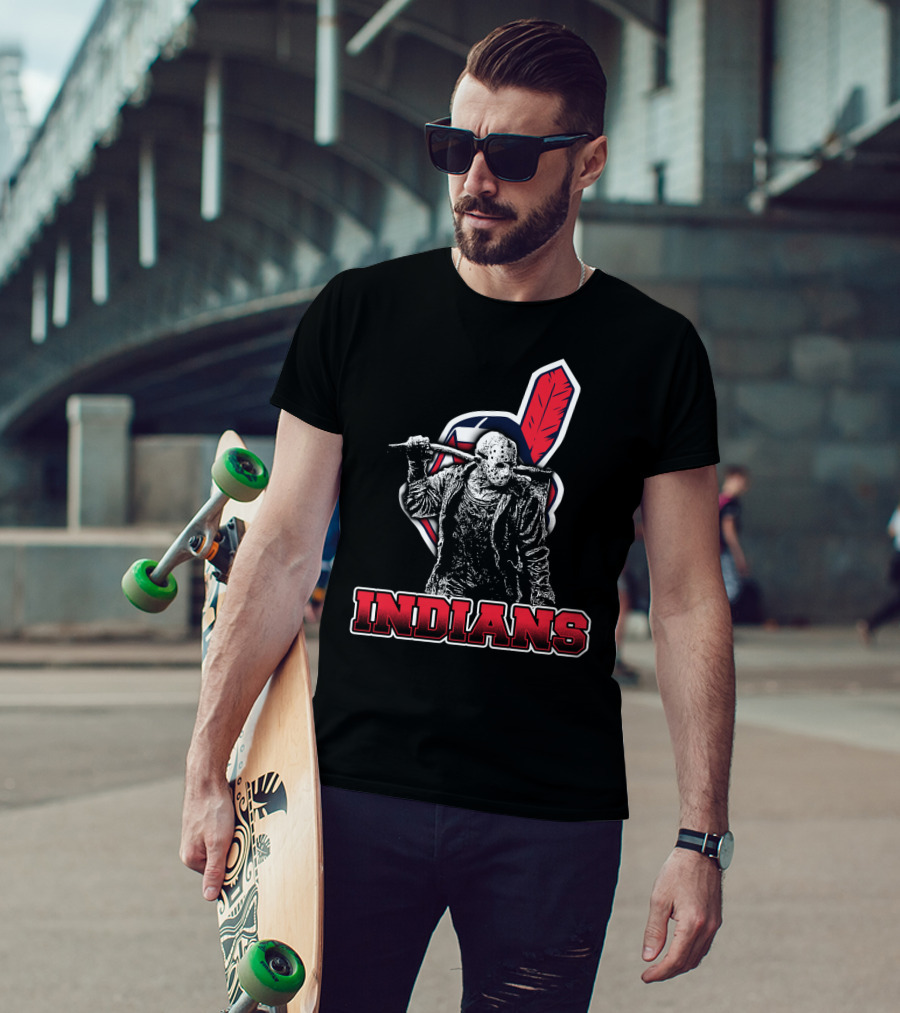 Jason Voorhees With Indians Logo And Cleaver T-Shirt
