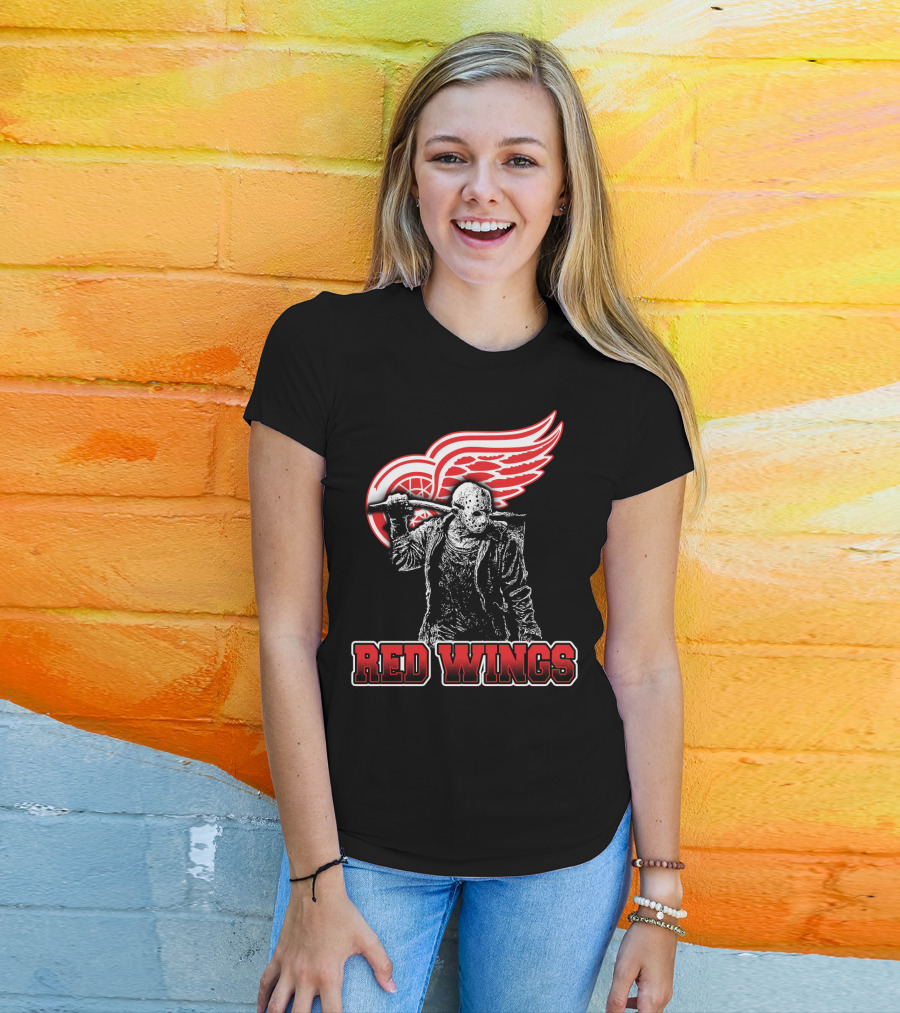 Jason Voorhees With Hockey Mask And Machete In Front Of Detroit Red Wings Logo Text Red Wings T-Shirt