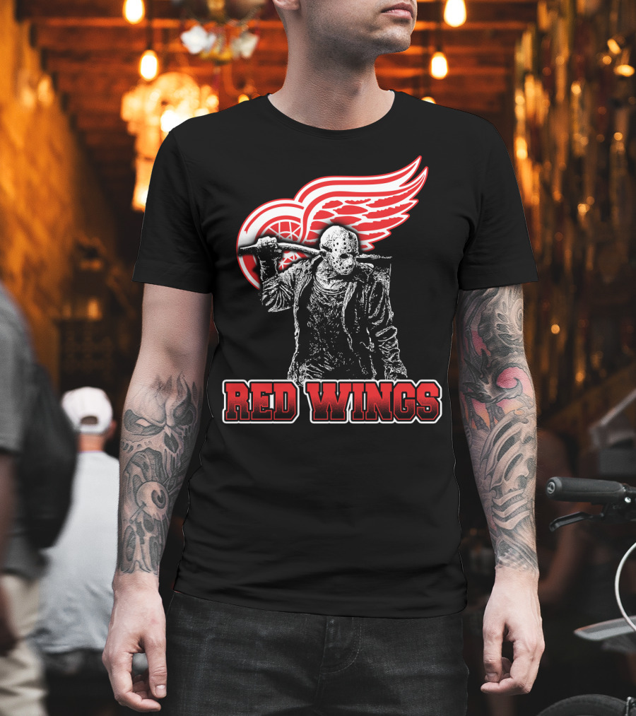 Jason Voorhees With Hockey Mask and Machete in Front of Detroit Red Wings Logo Text Red Wings T-Shirt