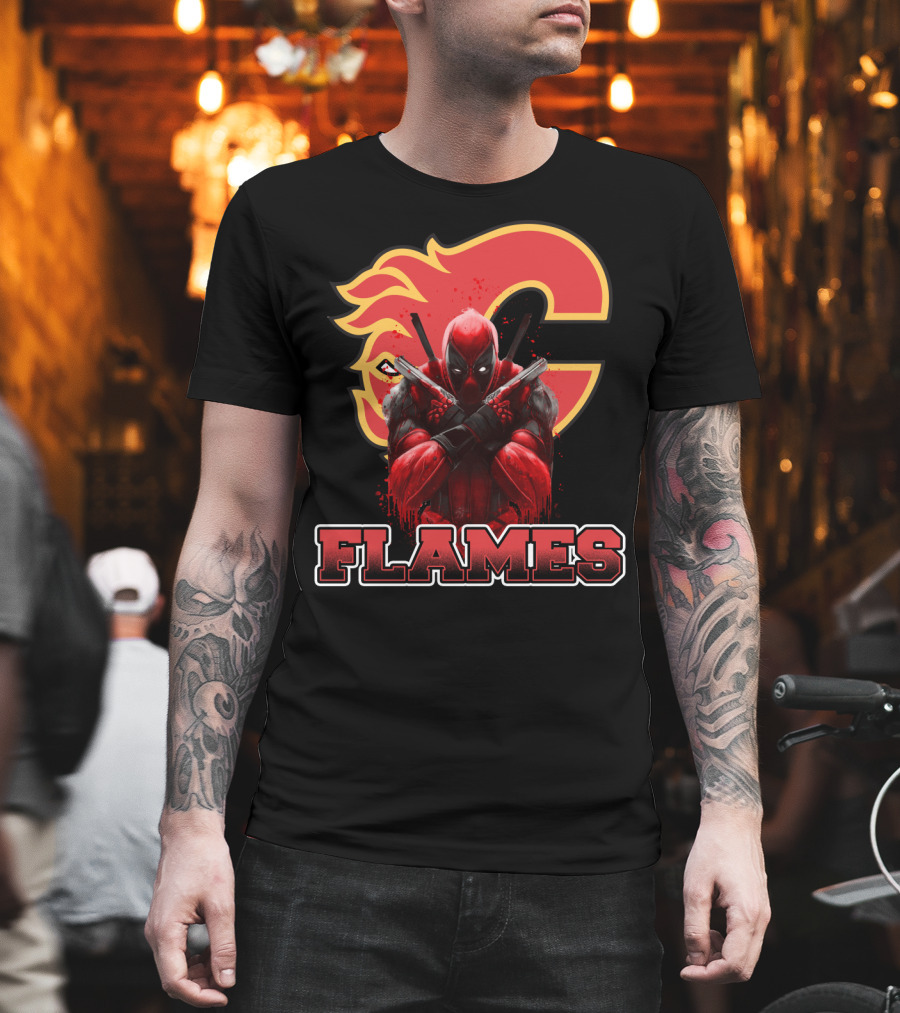 Deadpool Calgary Flames Crossover Fan Tribute T-Shirt