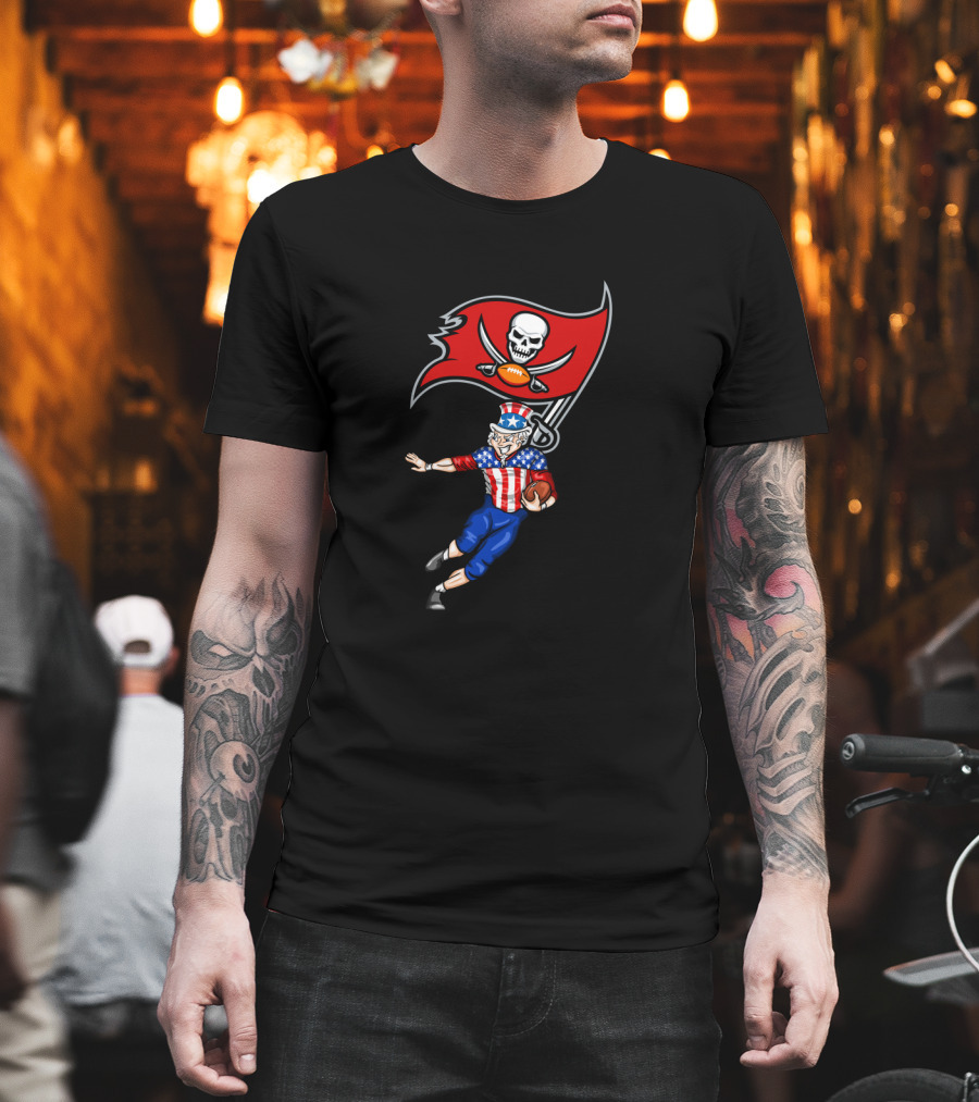 Patriotic Uncle Sam Football With Tampa Bay Buccaneers Flag 4Th Of July T-Shirt