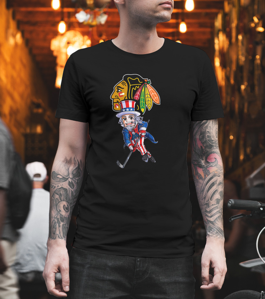 Uncle Sam Playing Hockey With Chicago Blackhawks For 4Th Of July Celebration T-Shirt