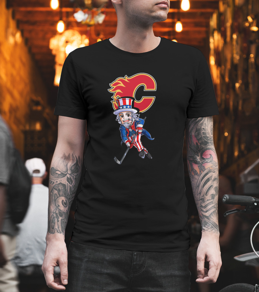 Uncle Sam Playing Hockey With Calgary Flames Emblem For 4Th Of July Celebration T-Shirt