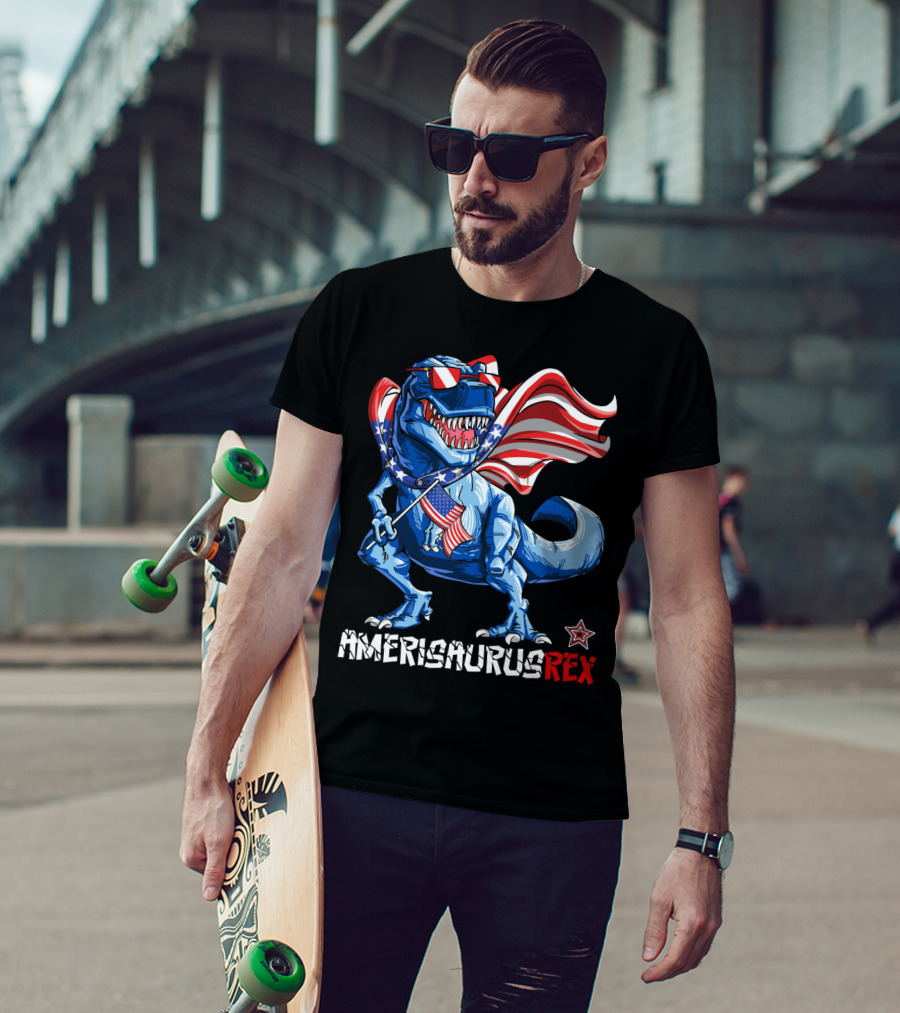 Amerisaurus Rex Dinosaur With Usa Flag And Star Sunglasses For Patriotic 4Th Of July T-Shirt