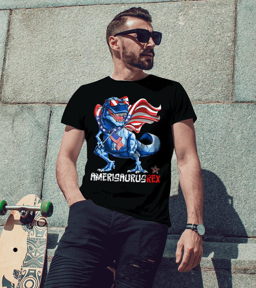 Amerisaurus Rex Dinosaur With Usa Flag And Star Sunglasses For Patriotic 4Th Of July T-Shirt