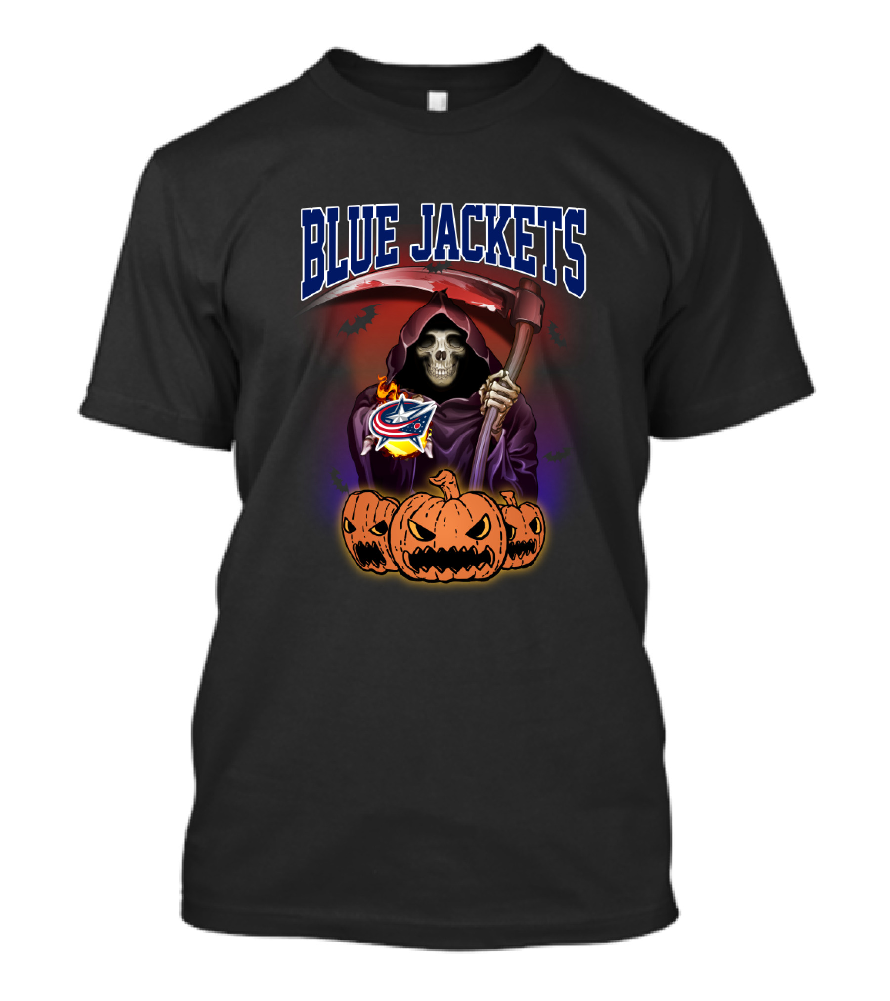Halloween-Themed Columbus Blue Jackets Grim Reaper With Pumpkins And Scythe T-Shirt