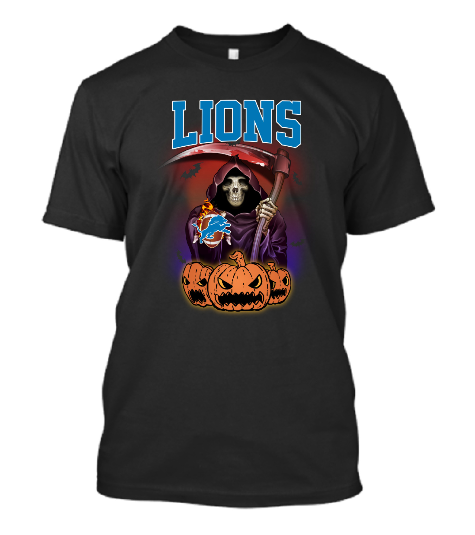 Detroit Lions Reaper Halloween Pumpkins And Scythe T-Shirt