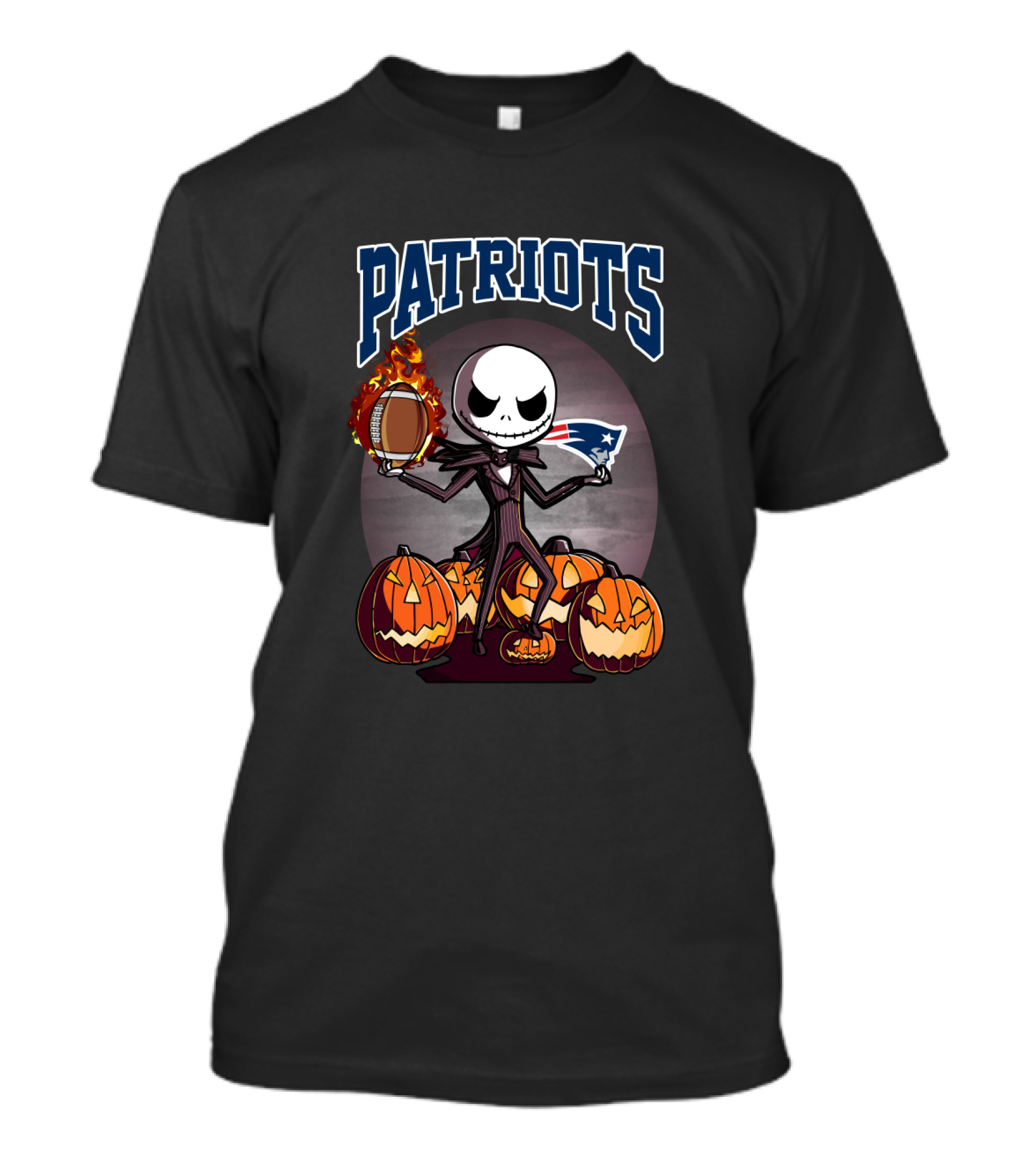Patriots Halloween Jack Skeleton Holding Football Surrounded By Pumpkins T-Shirt