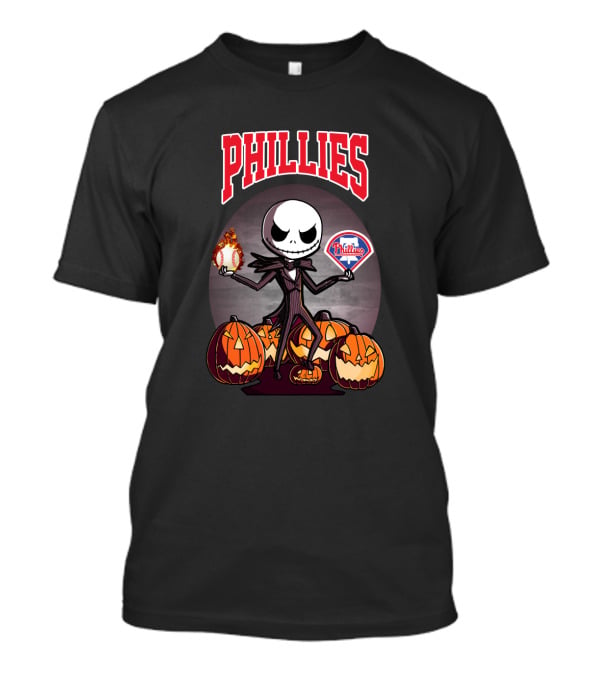 Phillies Jack Skellington Halloween With Pumpkins And Baseball T-Shirt