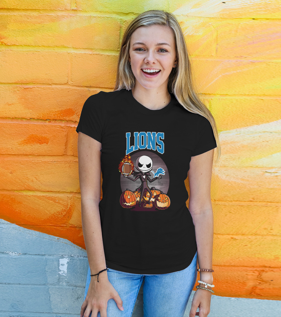 Jack Skellington Detroit Lions Halloween Football With Pumpkins T-Shirt