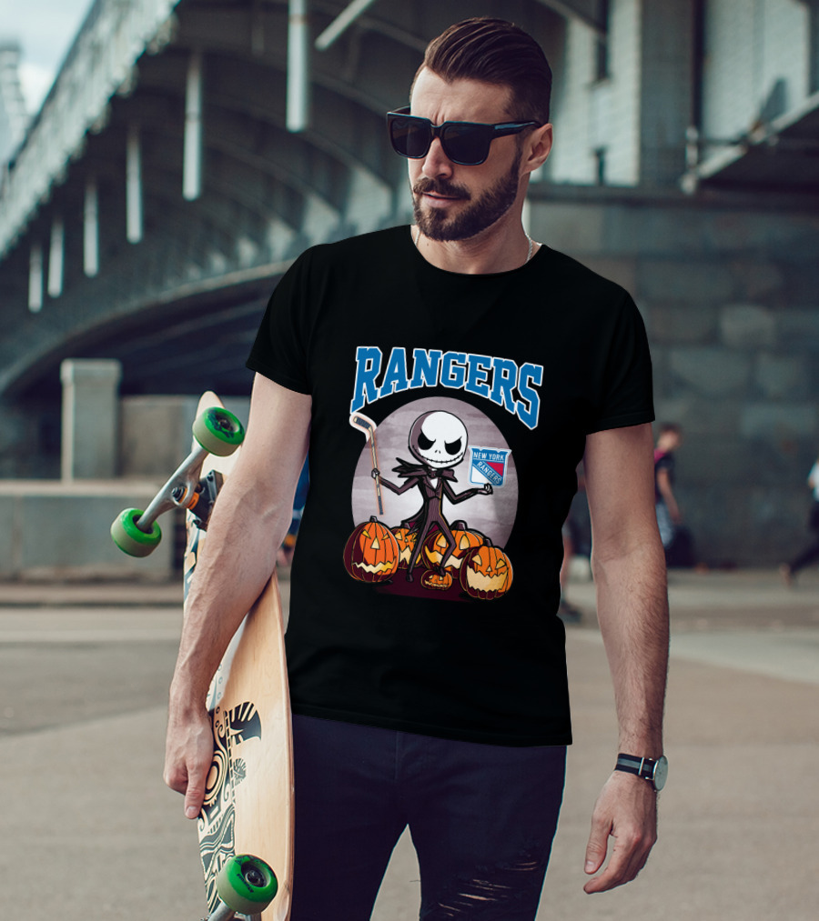 New York Rangers Jack Skellington Halloween Holding Hockey Stick With Pumpkins T-Shirt
