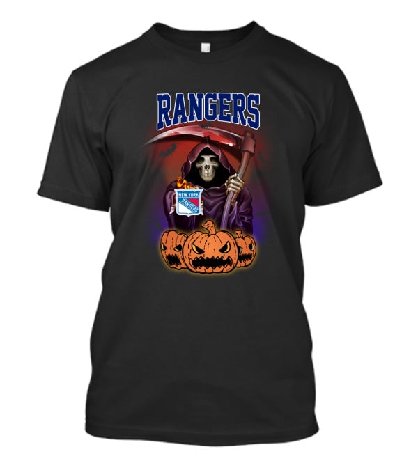 Rangers Grim Reaper Holding Scythe With New York Rangers Logo And Halloween Pumpkins T-Shirt