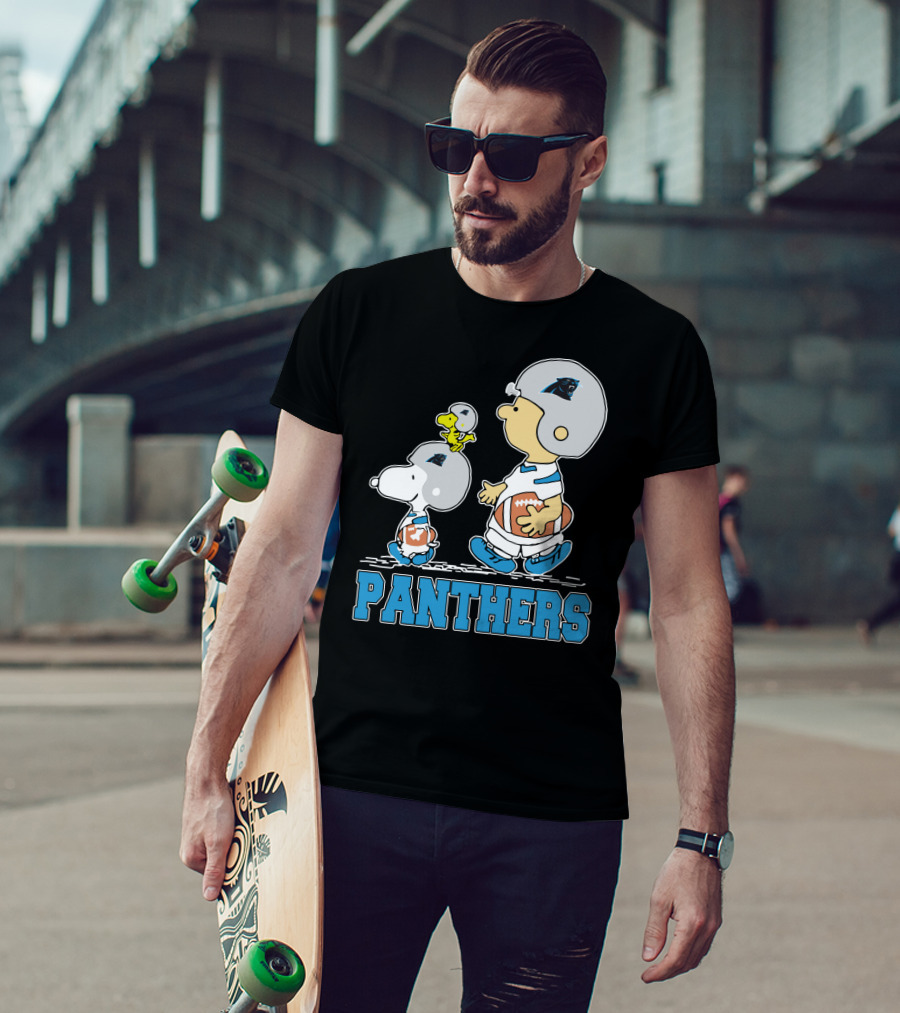 Snoopy And Woodstock With Carolina Panthers Football Helmets T-Shirt