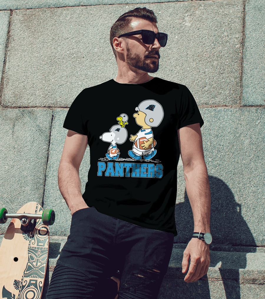 Snoopy And Woodstock With Carolina Panthers Football Helmets T-Shirt