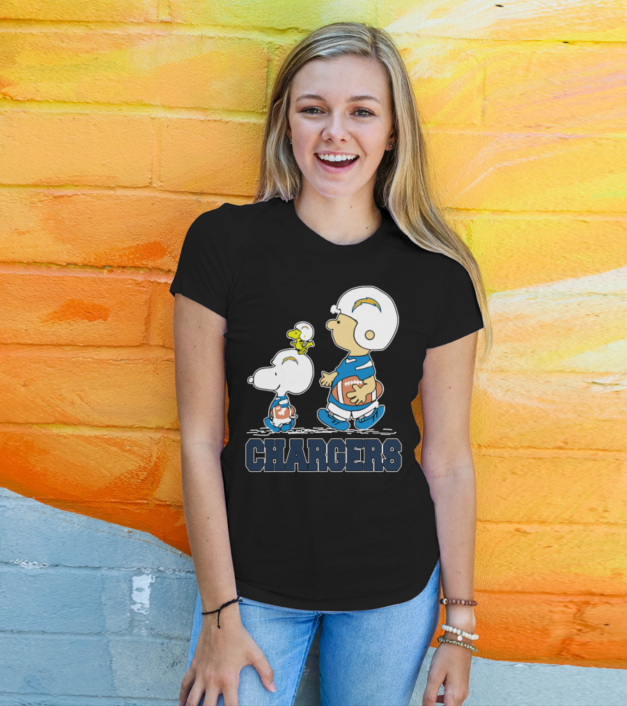 Snoopy And Woodstock With Los Angeles Chargers Football Helmets And Jersey T-Shirt