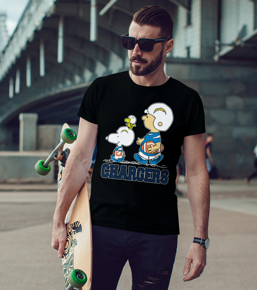 Snoopy And Woodstock With Los Angeles Chargers Football Helmets And Jersey T-Shirt