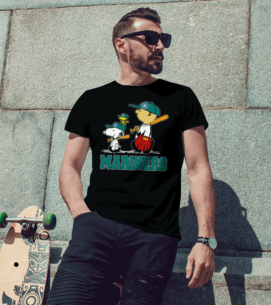 Snoopy Woodstock And Seattle Mariners Peanuts Baseball T-Shirt