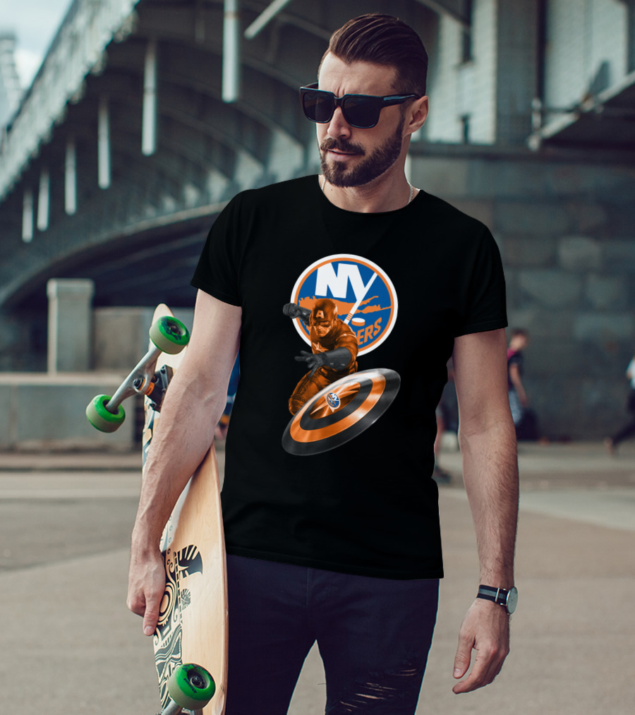 New York Islanders Captain America Collaboration Shield And Logo Graphics T-Shirt