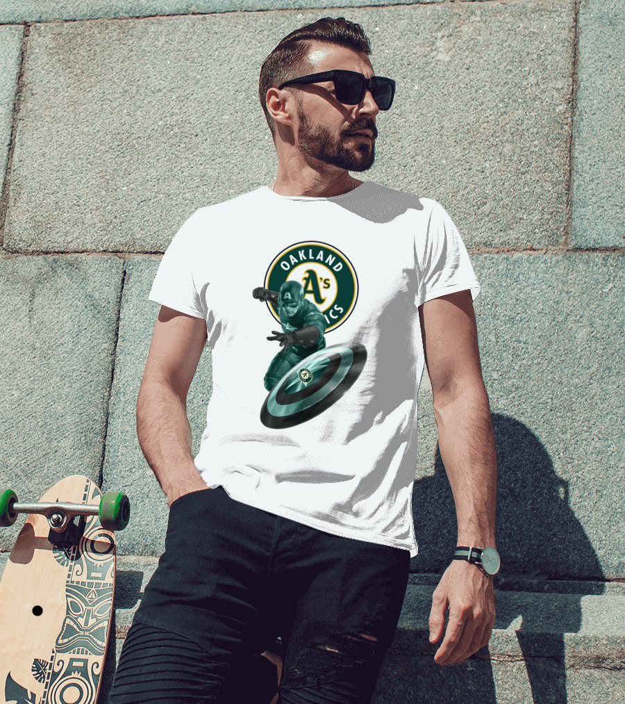 Oakland Athletics A's Logo With Captain America's Shield And Heroic Pose T-Shirt