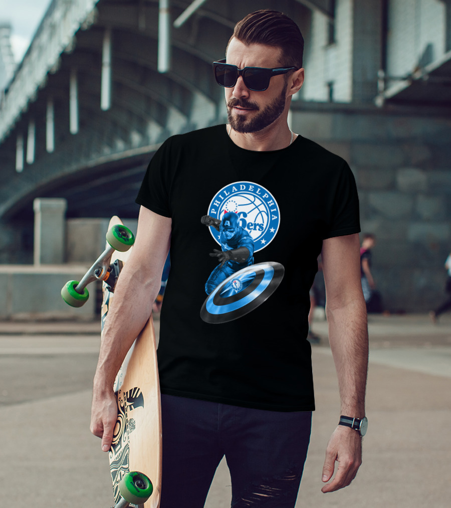 Philadelphia 76ers Basketball Marvel Crossover With Captain America Shield T-Shirt