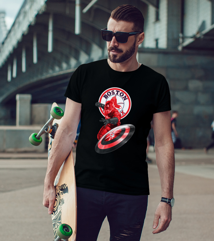 Boston Red Sox Captain America Shield Crossover Fan T-Shirt