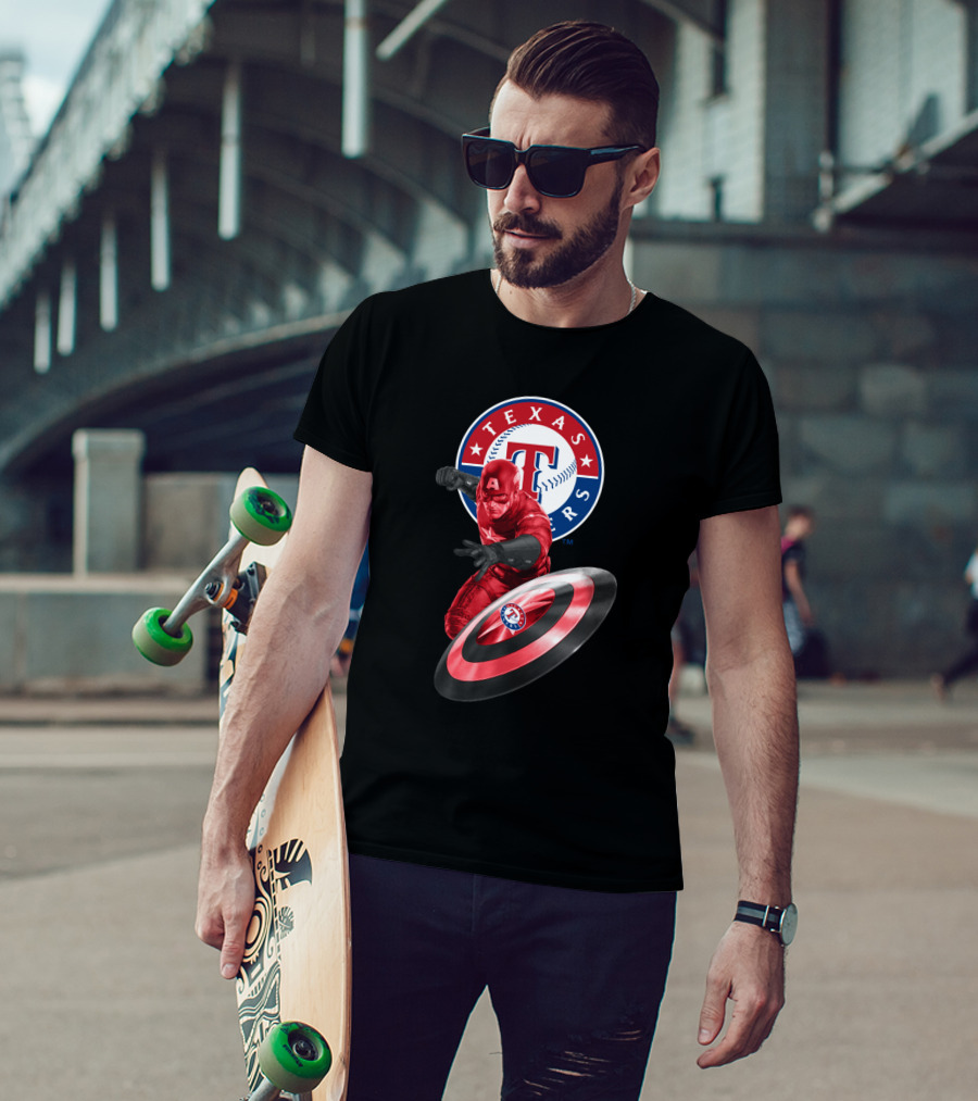 Texas Rangers Captain America Shield Crossover T-Shirt