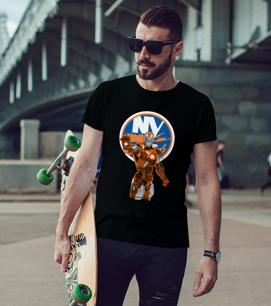 Iron Man New York Islanders Crossover Graphic Featuring NY Logo Background T-Shirt