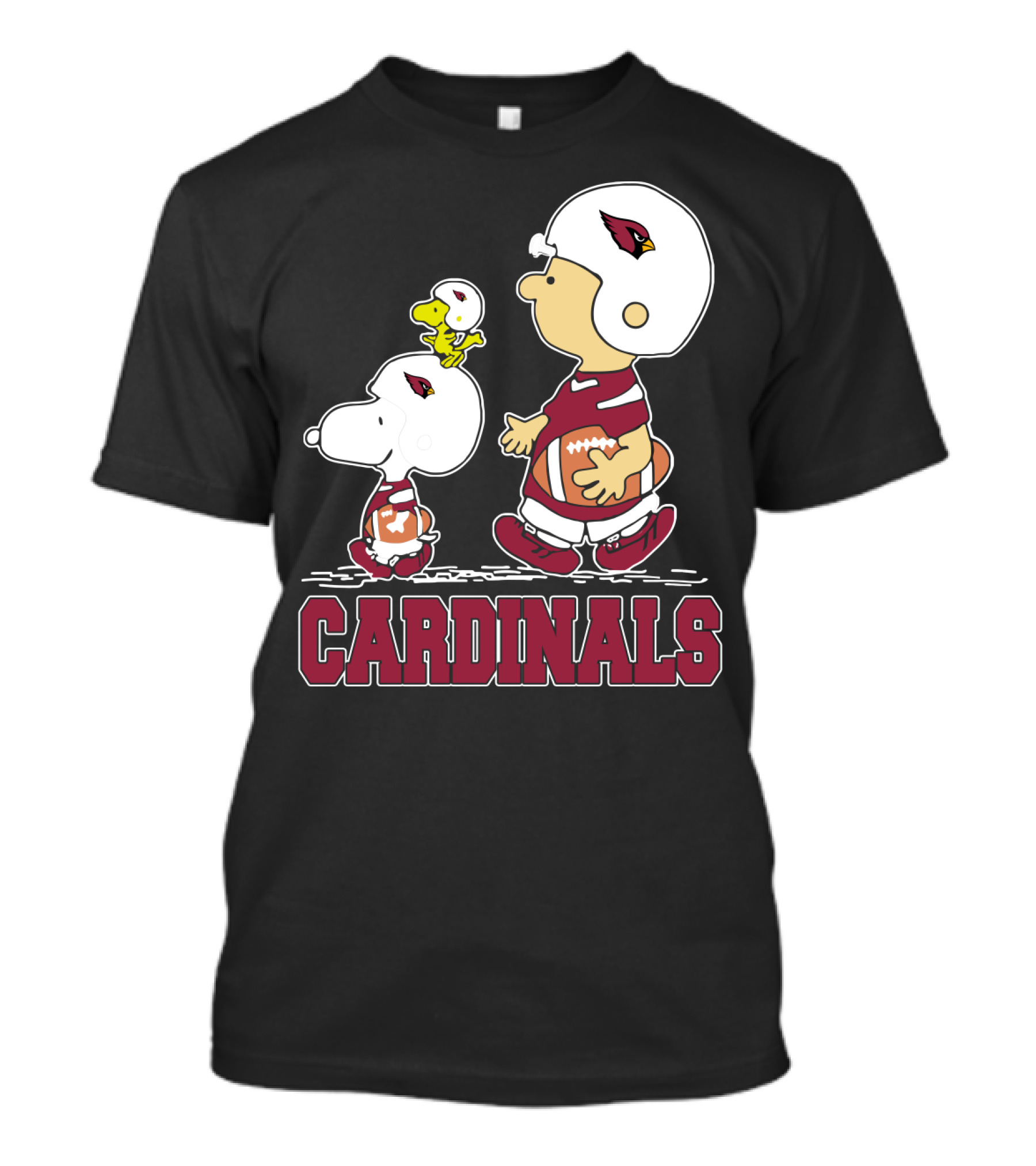 Snoopy And Woodstock With Cardinals Football Helmets And Team Spirit T-Shirt