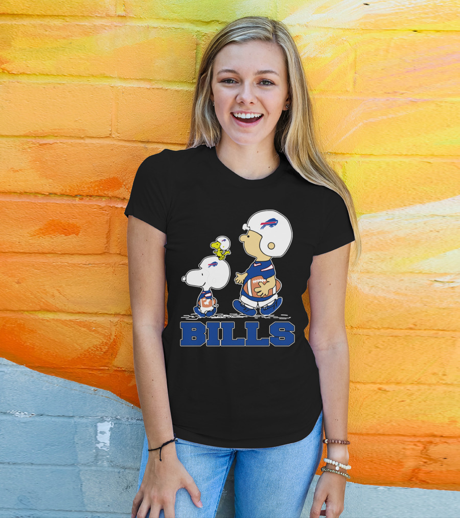 Snoopy And Woodstock In Buffalo Bills Helmets With Charlie Brown And Football T-Shirt