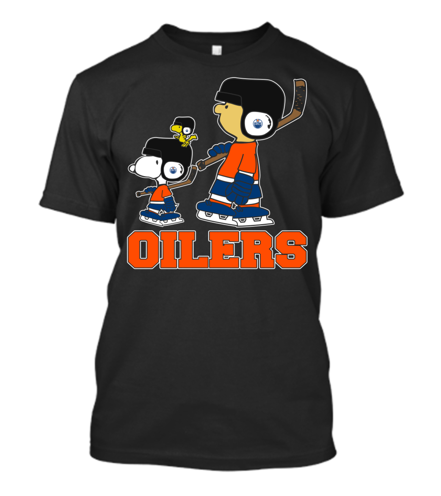 Snoopy Edmonton Oilers Hockey Fans With Woodstock In Skates T-Shirt