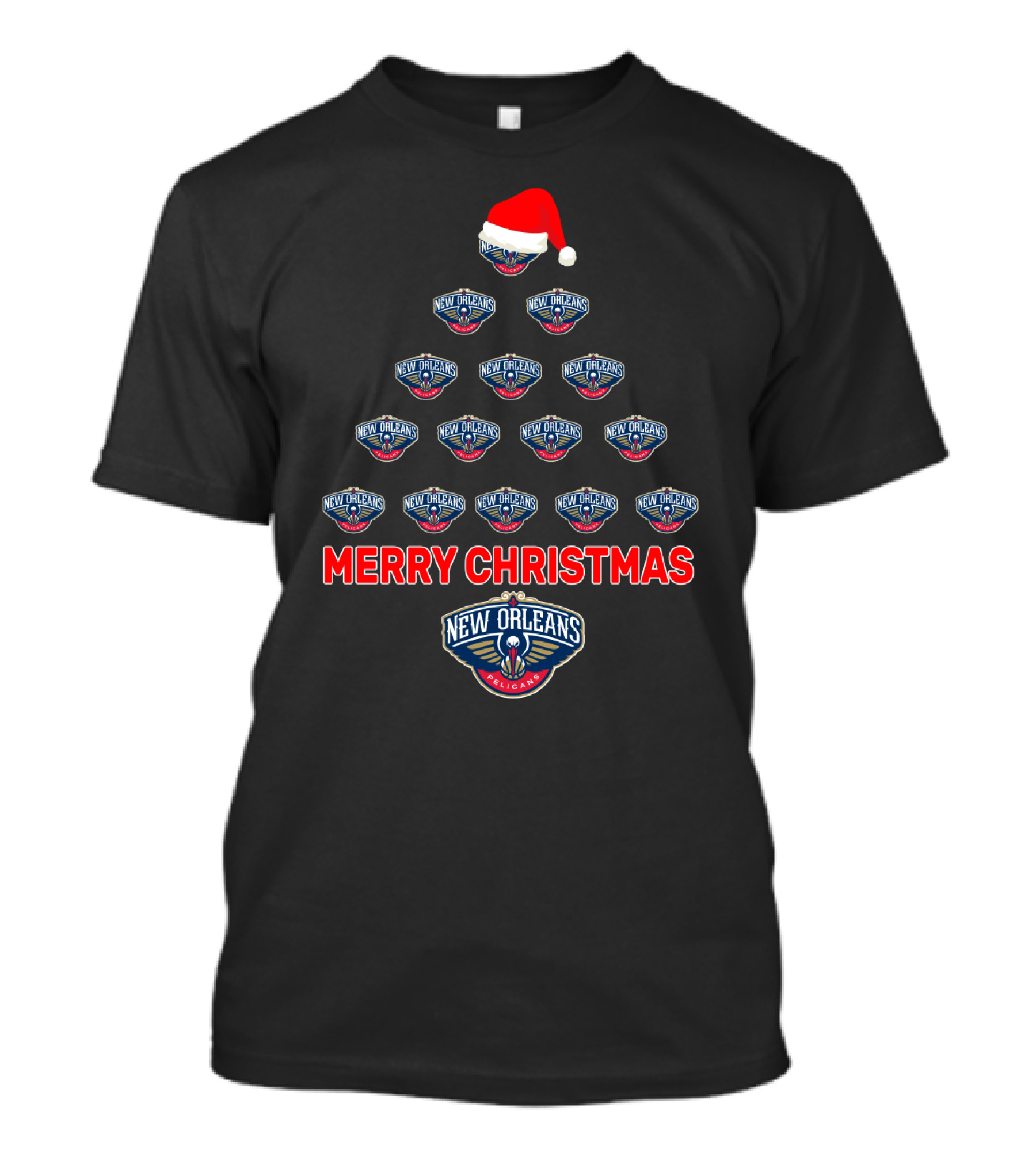 Merry Christmas New Orleans Pelicans Tree With Santa Hat T-Shirt