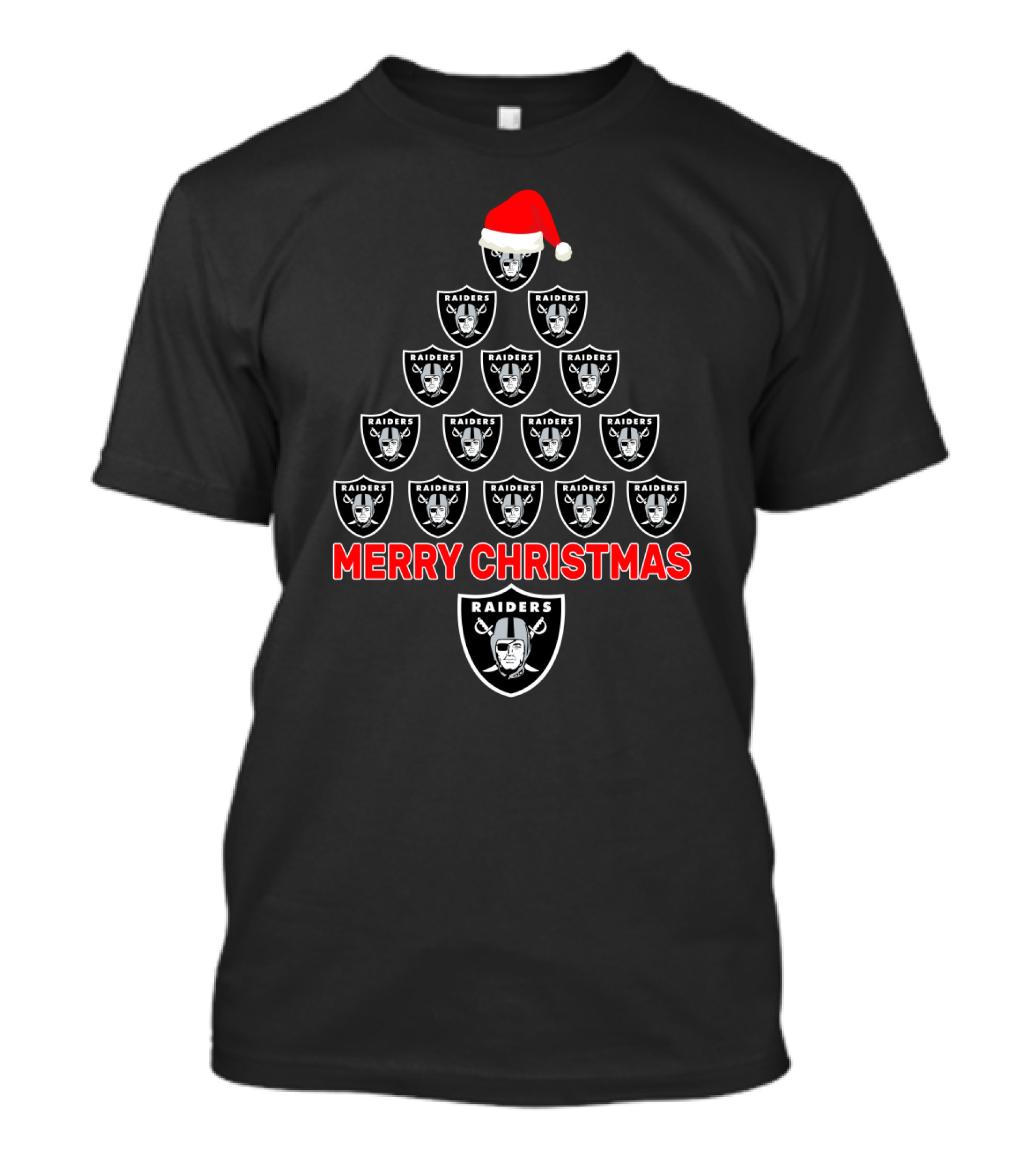 Merry Christmas Tree With Raiders Logos And Santa Hat For Oakland Raiders Fans T-Shirt