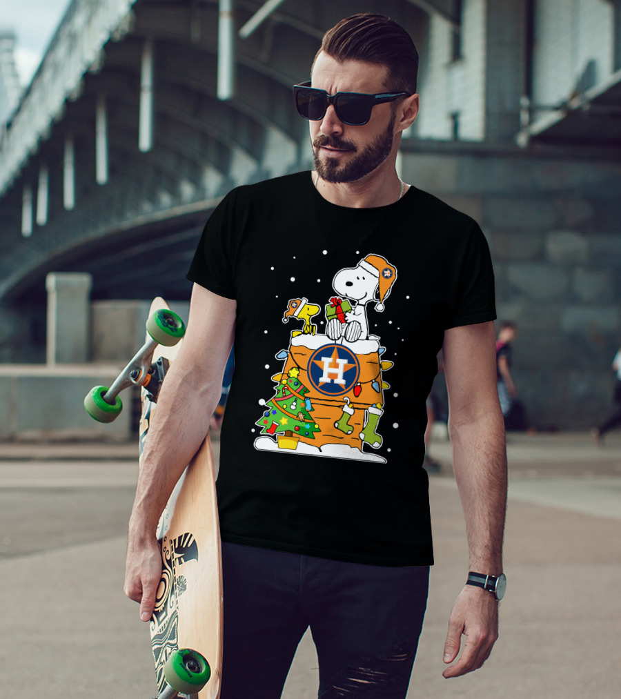 Houston Astros Snoopy Woodstock Christmas Tree Holiday Gift T-Shirt