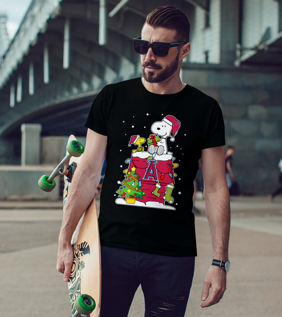 Los Angeles Angels Snoopy Christmas Theme With Woodstock And Holiday Decorations T-Shirt