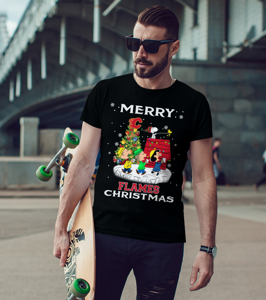 Merry Calgary Flames Christmas Snoopy Peanuts Tree T-Shirt