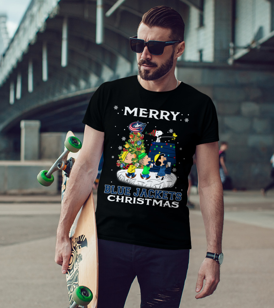 Merry Blue Jackets Christmas Snoopy With Tree And Characters T-Shirt