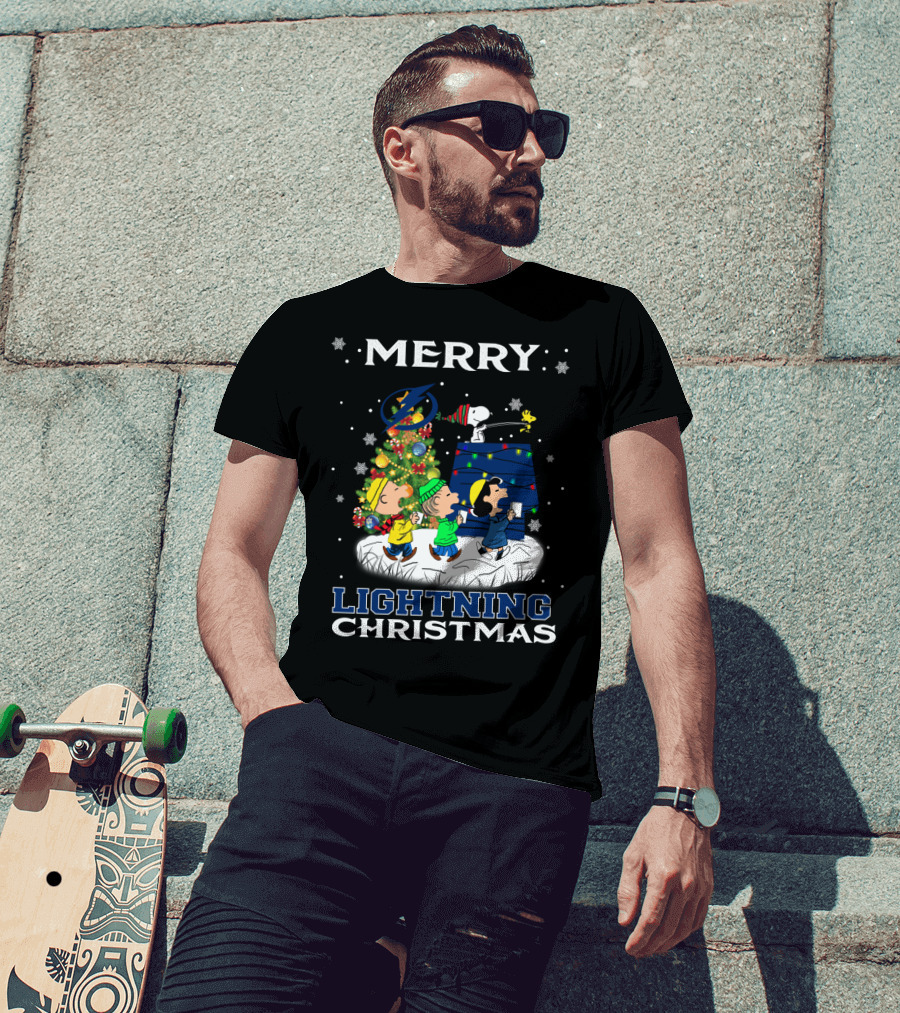Merry Tampa Bay Lightning Christmas Snoopy Peanuts Holiday Tree T-Shirt