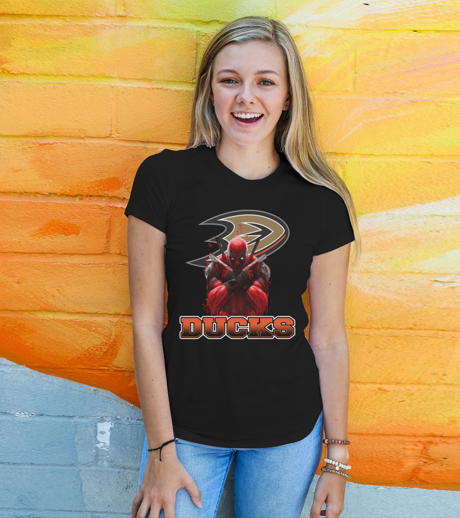 Anaheim Ducks And Deadpool Mashup Featuring Iconic Logo And Comic Character T-Shirt