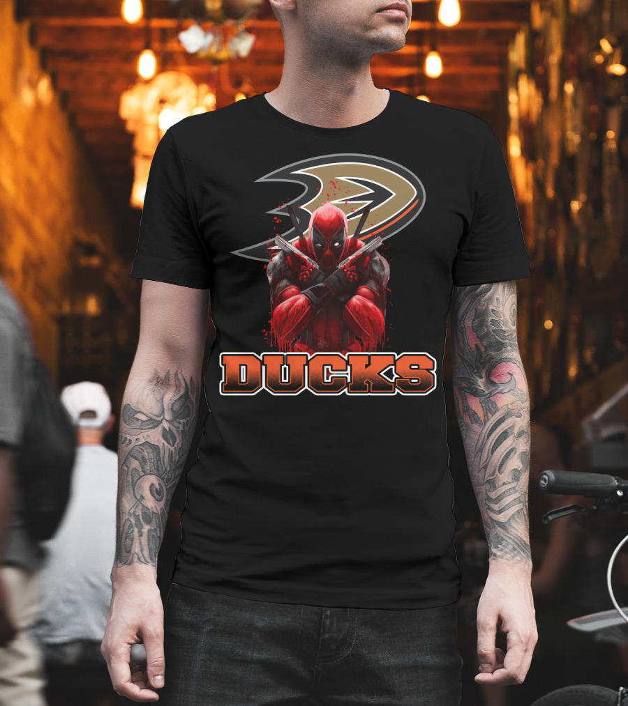 Anaheim Ducks and Deadpool Mashup Featuring Iconic Logo and Comic Character T-Shirt