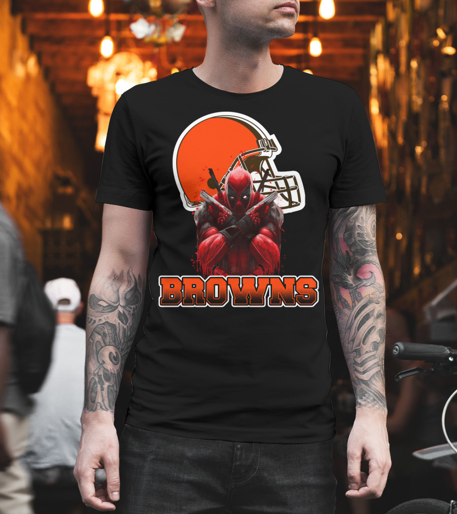 Cleveland Browns and Deadpool Crossover with Iconic Helmet and Character T-Shirt