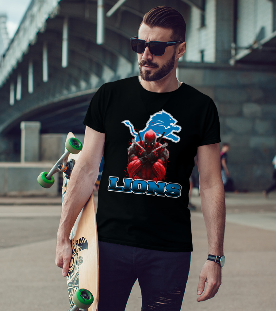 Detroit Lions Deadpool Crossover Fans Blue Lion T-Shirt