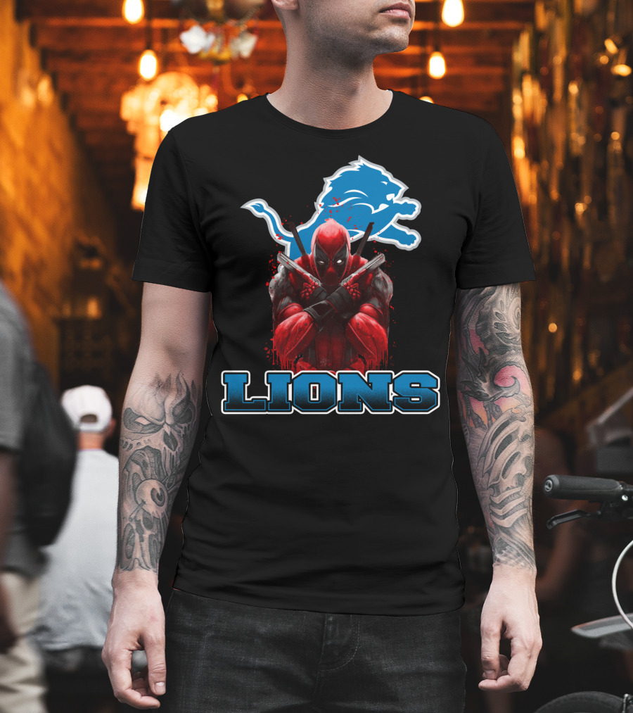 Detroit Lions Deadpool Crossover Fans Blue Lion T-Shirt