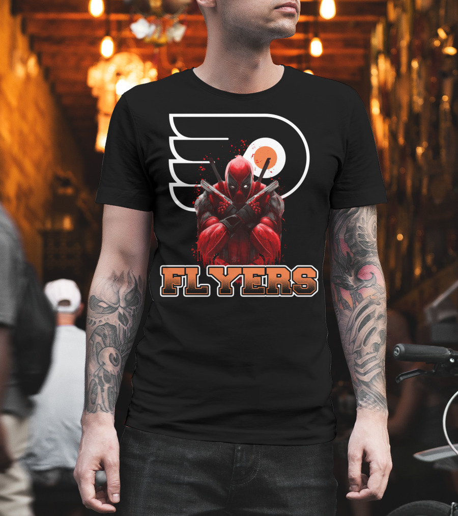 Philadelphia Flyers Deadpool Mashup With Iconic Hockey Logo And Character Crossover T-Shirt