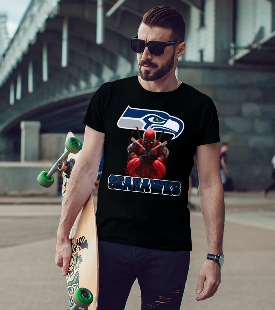 Seattle Seahawks Logo With Deadpool Crossover Fan Collaboration Seahawks T-Shirt
