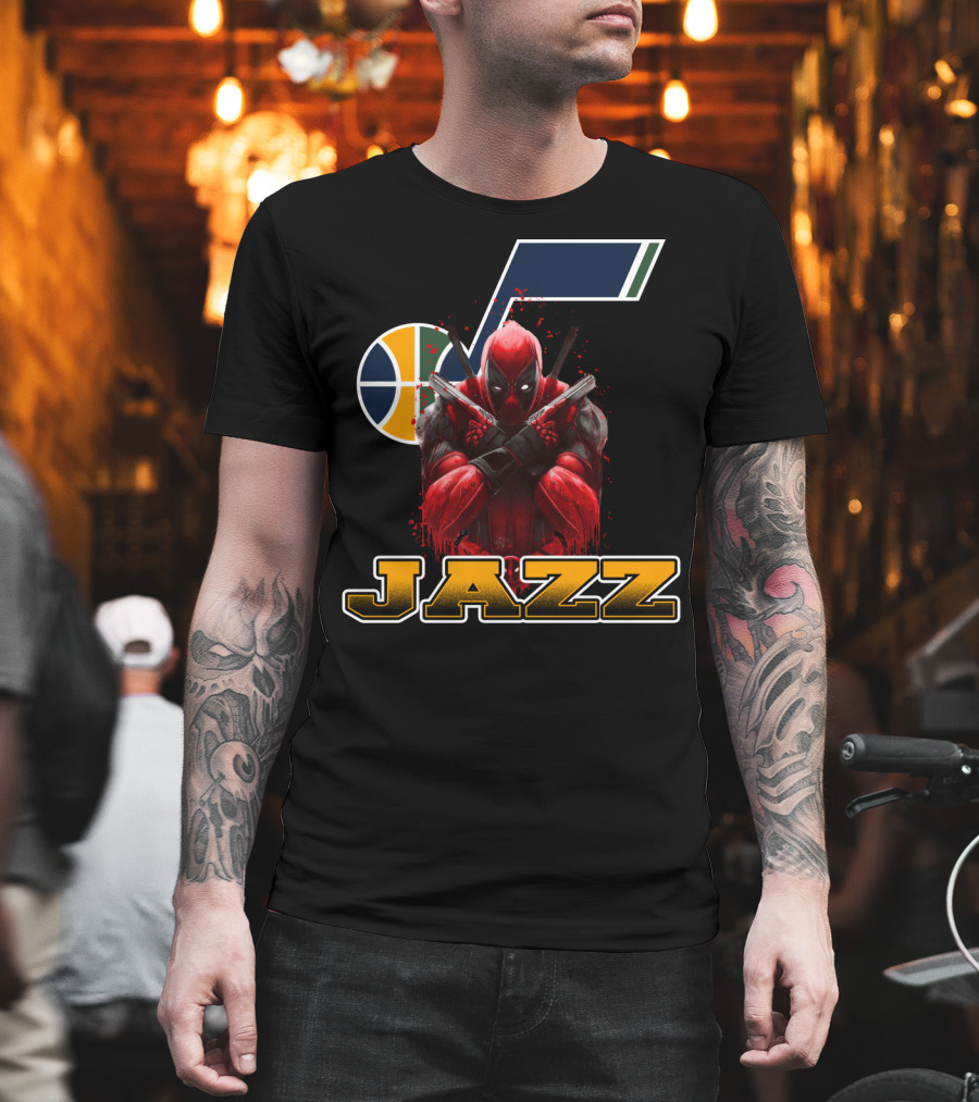 Utah Jazz NBA Logo with Deadpool Character Crossover for Fans T-Shirt